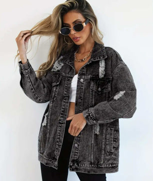 MST Luxury Denim Ripped Jacket Grey (Woman) - Mystyletoday