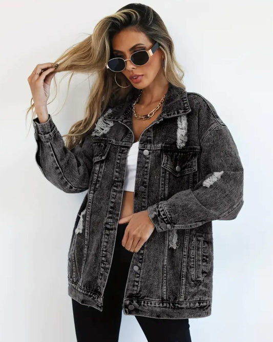 MST Luxury Denim Ripped Jacket Grey (Woman) - Mystyletoday