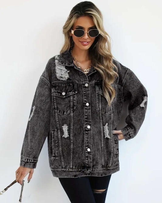 MST Luxury Denim Ripped Jacket Grey (Woman) - Mystyletoday