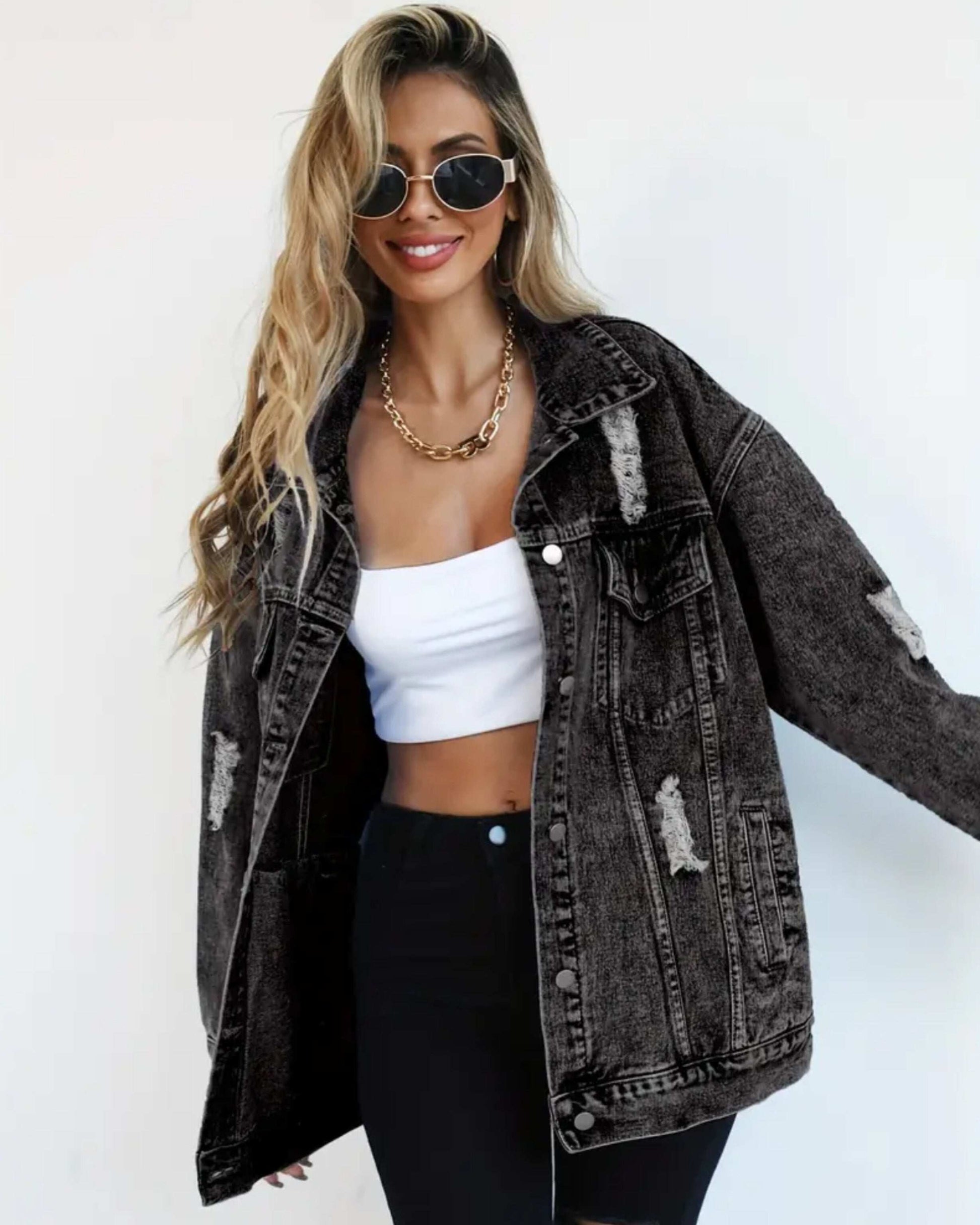 MST Luxury Denim Ripped Jacket Grey (Woman) - Mystyletoday