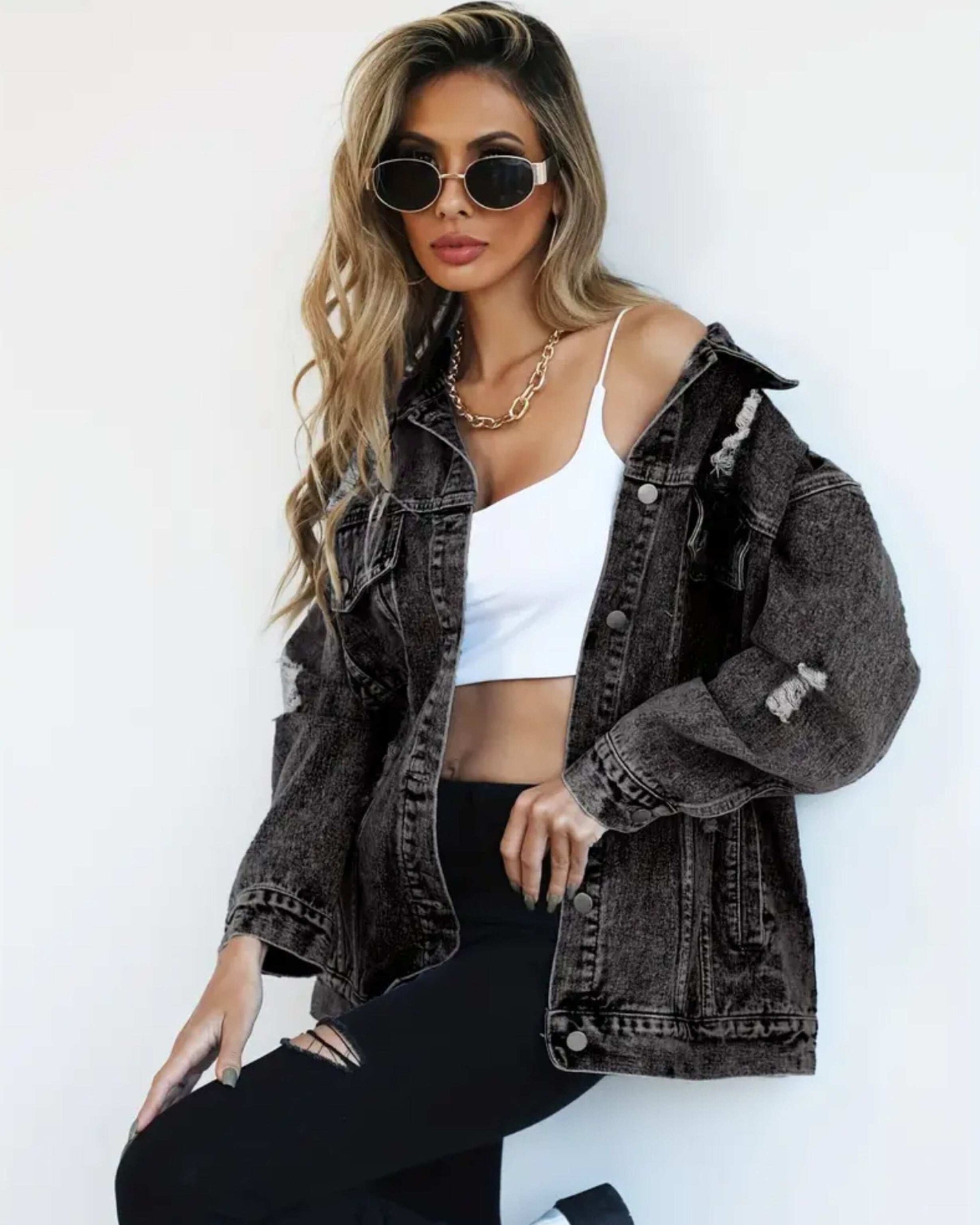 MST Luxury Denim Ripped Jacket Grey (Woman) - Mystyletoday