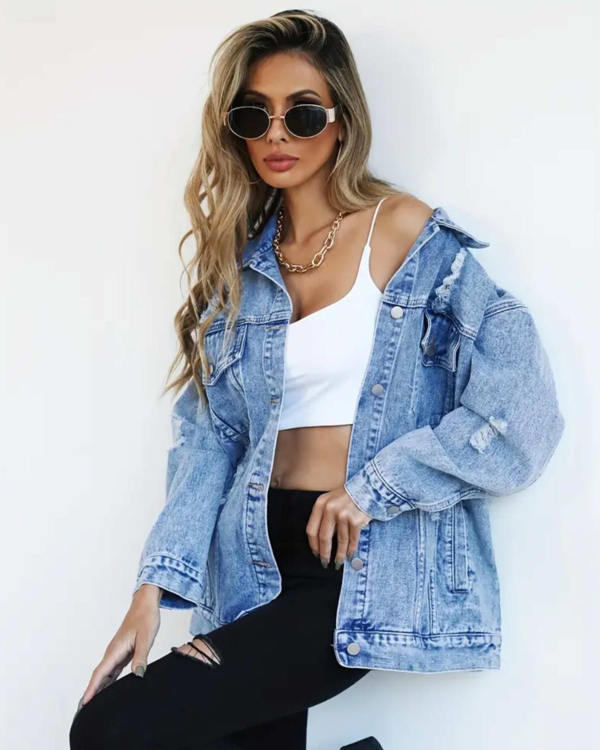 MST Luxury Denim Ripped Jacket Blue (Woman) - Mystyletoday