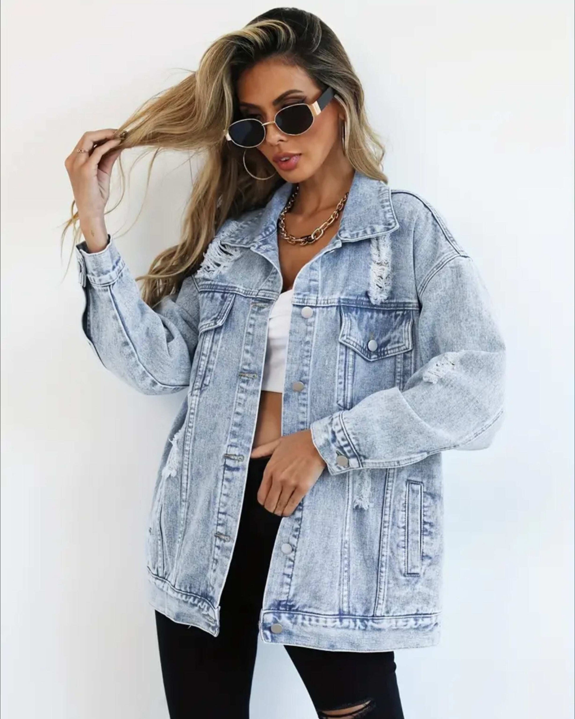 MST Luxury Denim Ripped Jacket Light Blue (Woman) - Mystyletoday