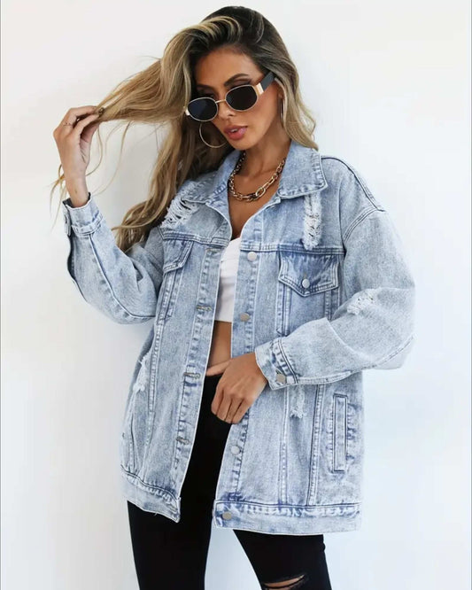 MST Luxury Denim Ripped Jacket Light Blue (Woman) - Mystyletoday