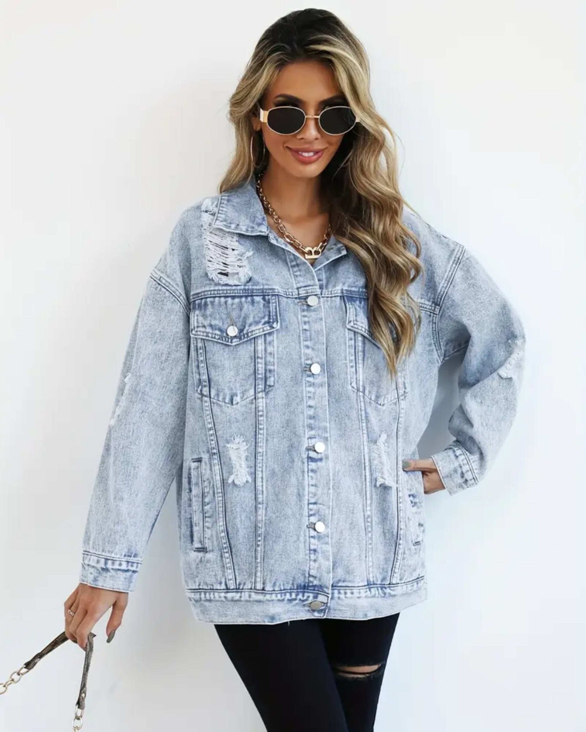 MST Luxury Denim Ripped Jacket Light Blue (Woman) - Mystyletoday