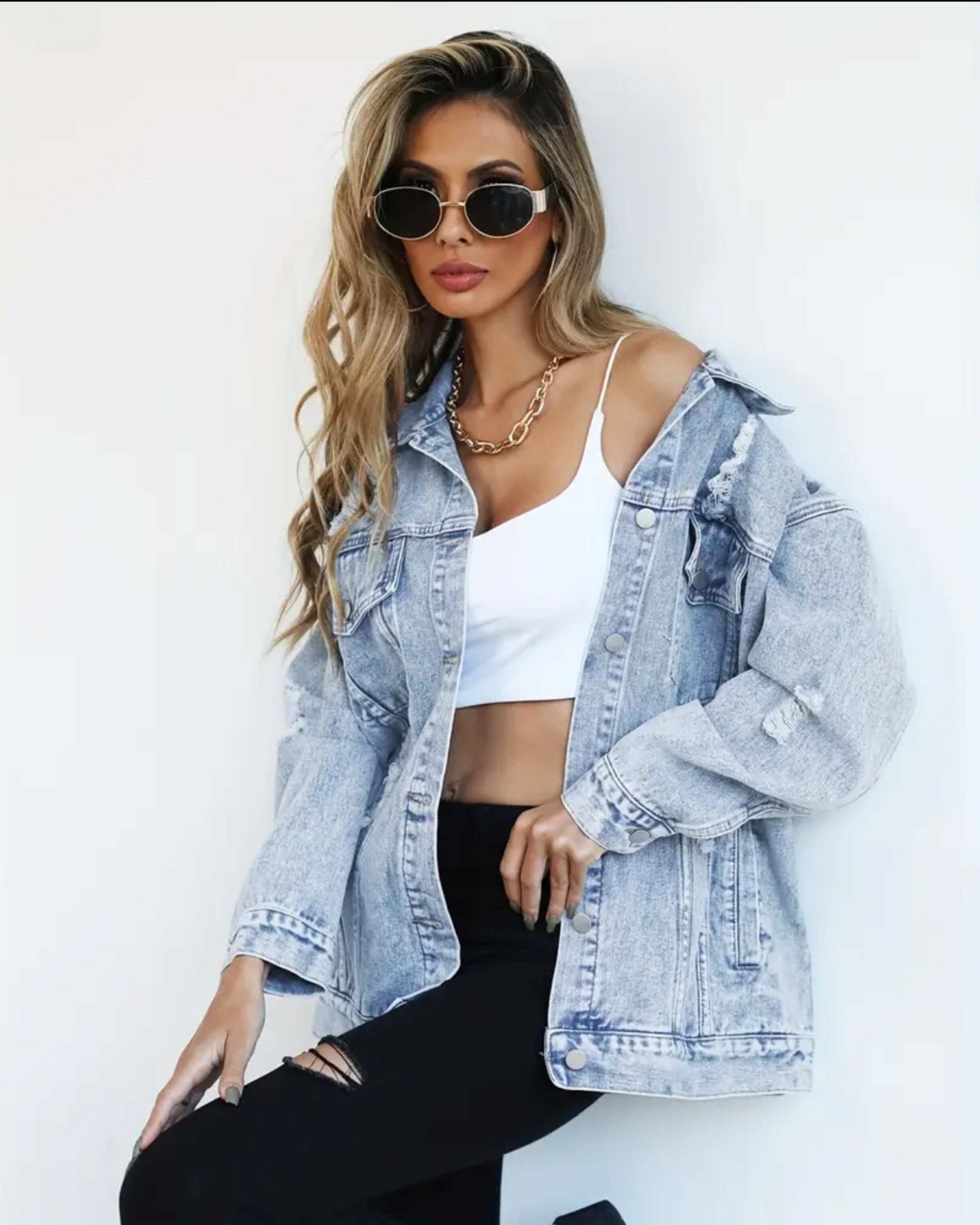 MST Luxury Denim Ripped Jacket Light Blue (Woman) - Mystyletoday